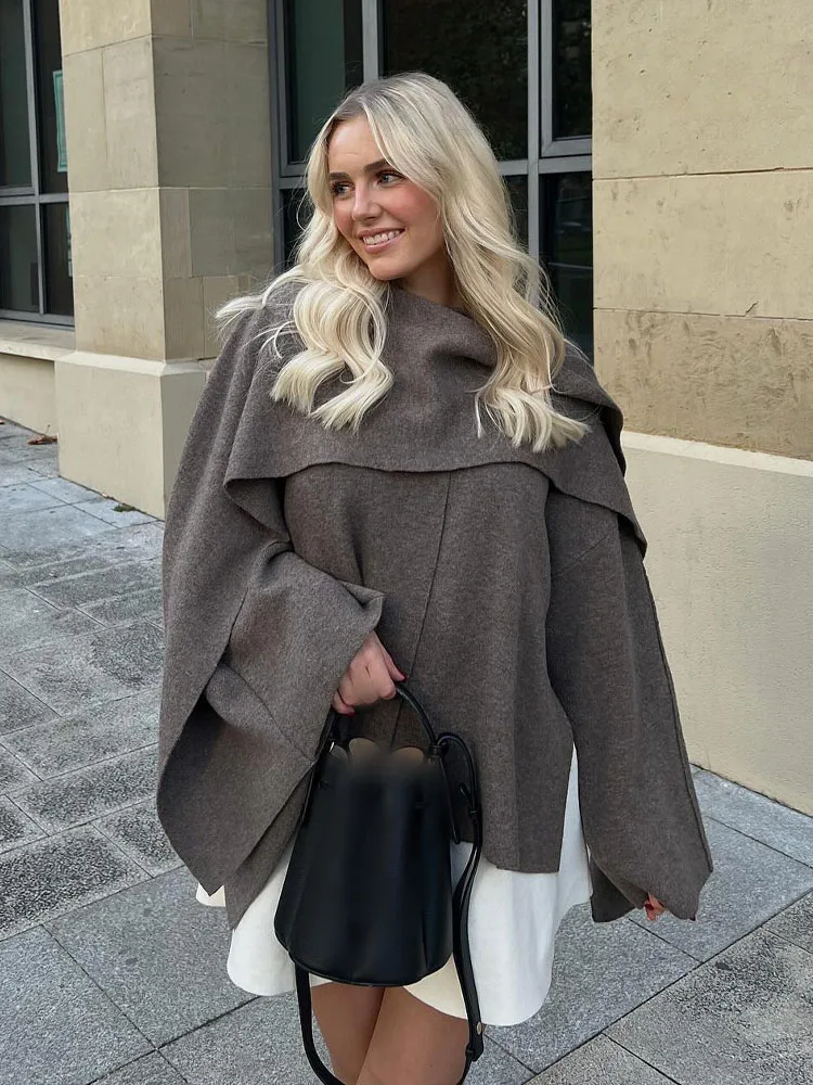 HH Winter Women\'s Fashion Long-sleeved Single-button Loose Woolen Coat With Asymmetrical Knitted Scarf Women\'s Short Coat