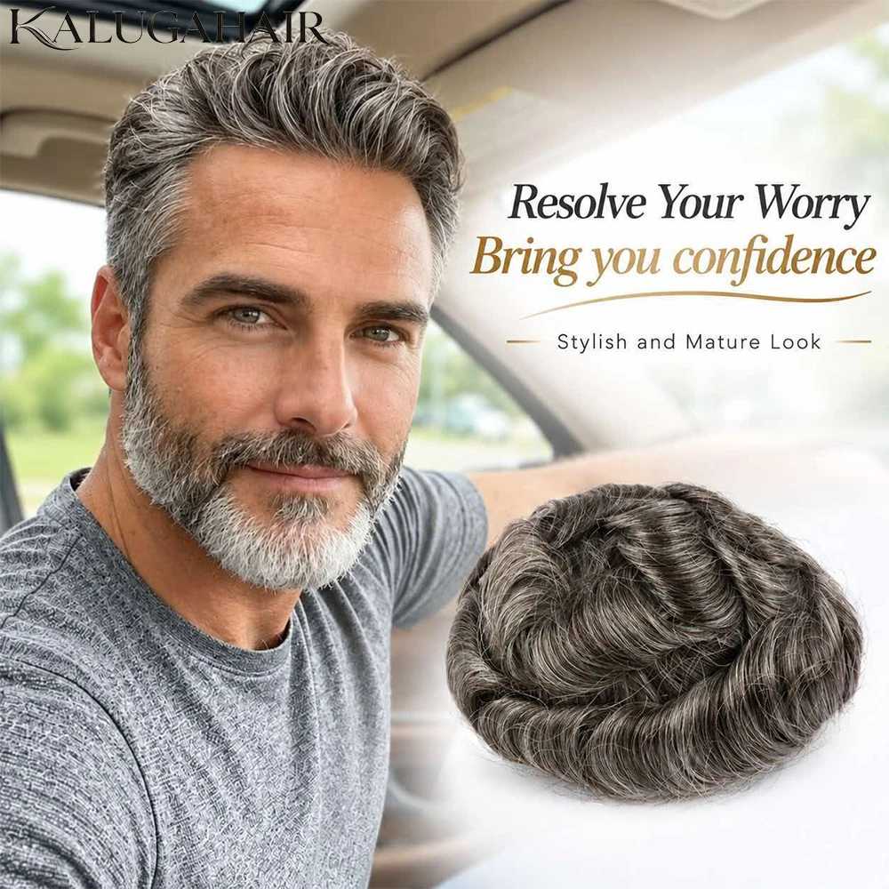 0.02-0.03mm Full PU Skin Men's Toupee V-Loop Natural Hairline Human Hair System Replacement Invisible Ultra-thin Prosthesis Wig