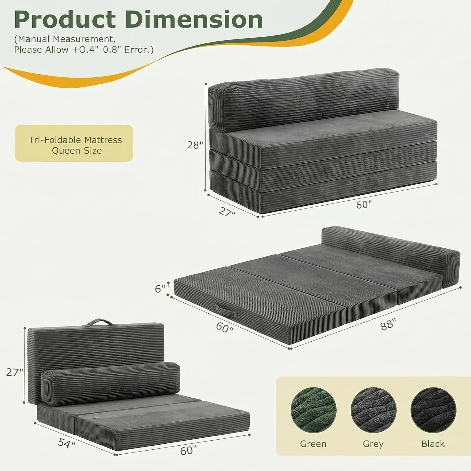 6 inch Tri-Folding Mattress Queen Futon Sofa Bed, Convertible Foldable Mattress Foldable with Removable Cushions & Washable Cove