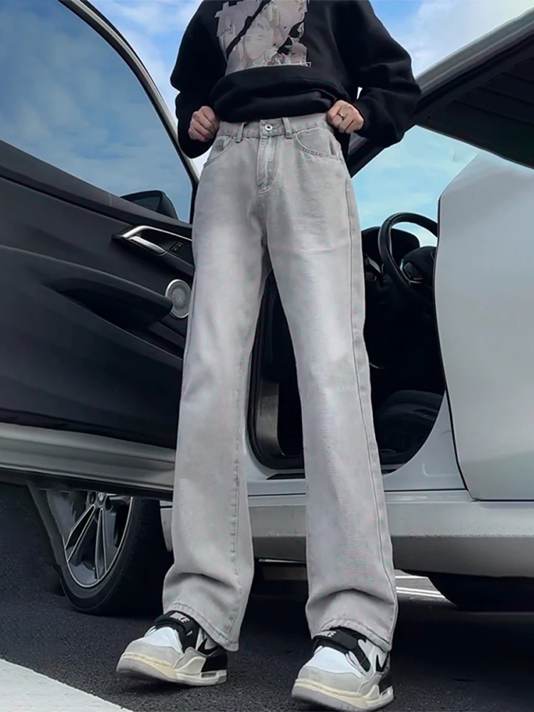 

High Waist Straight Leg Jeans Men's High Street Cement Color Autumn Cleanfit Long Pants Youthful Casual Pure Color Jeans