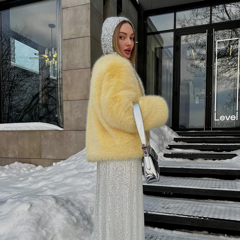 Cool Street Girls Ne Winter Fashion Fluffy Fox Fur Jacket Women Casual Round Neck Faux Fur Coat Chic Thick Warm Outerwear