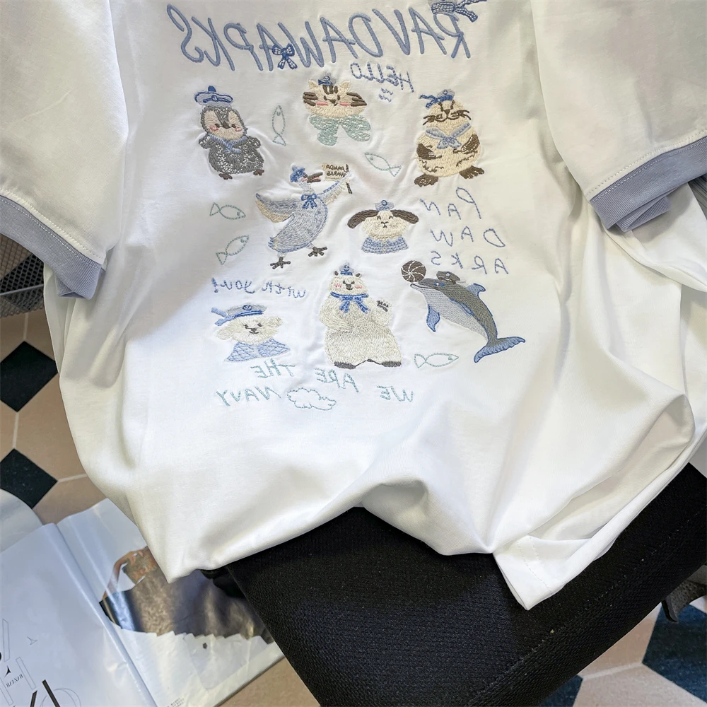 남녀공용 컬러 블록 자수 반팔 티셔츠, 매우 귀엽고 귀여운 만화, 니치 디자인, 여름