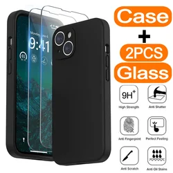 2PCS Tempered Glass And Phone Case For iPhone 15 14 13 12 11 Pro Max X XR XS 8 7 6 Plus Soft Shockproof Protective Black Cover