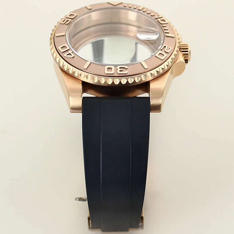 Rose Gold Case 40mm Ms. Watch Case Rubber Strap Sapphire Glass For NH35 NH36 NH34/38 Miyota8215 Eta 2824 Movement Ceramic Bezel