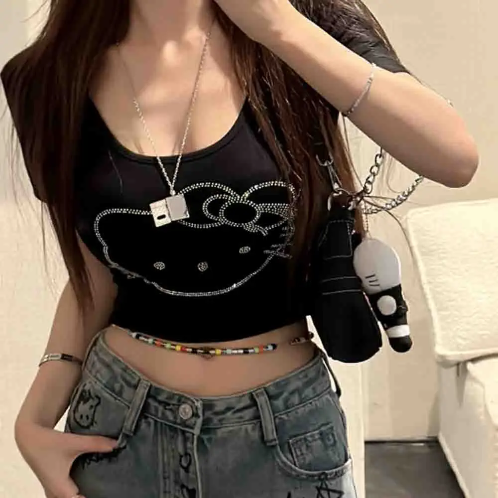 

Sanrios Hello Kittys Short Sleeve T-Shirt Cotton Women Summer Stylish Rhinestone Embellished Crop Short Style Slim Fit Tops2025