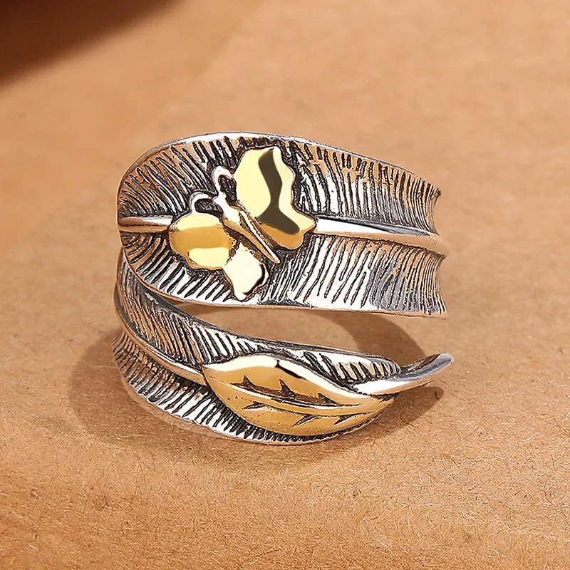 

Retro Distressed Craft Feather Butterfly Ring with Men's and Women's Personality Trendy Opening Adjustable Ring Bracelet