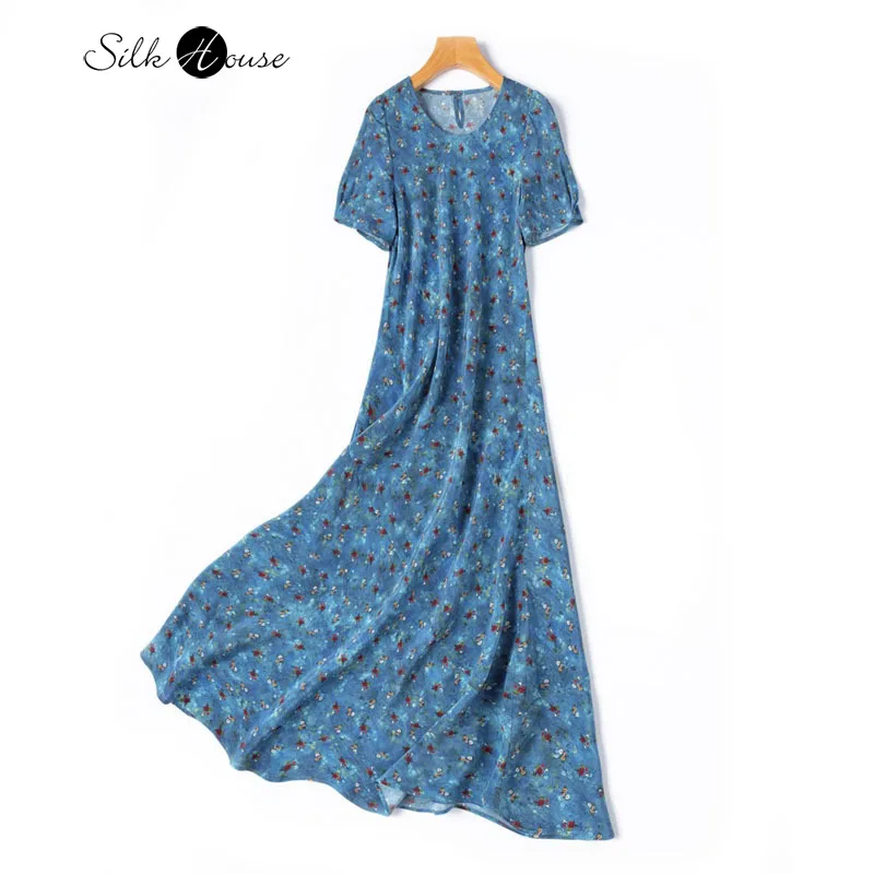 Oblique Cut 1.25m 100% Natural Mulberry Silk Crepe De Chine Round Neck Short Sleeved Fishtail Lake Blue Floral Fragments Dress