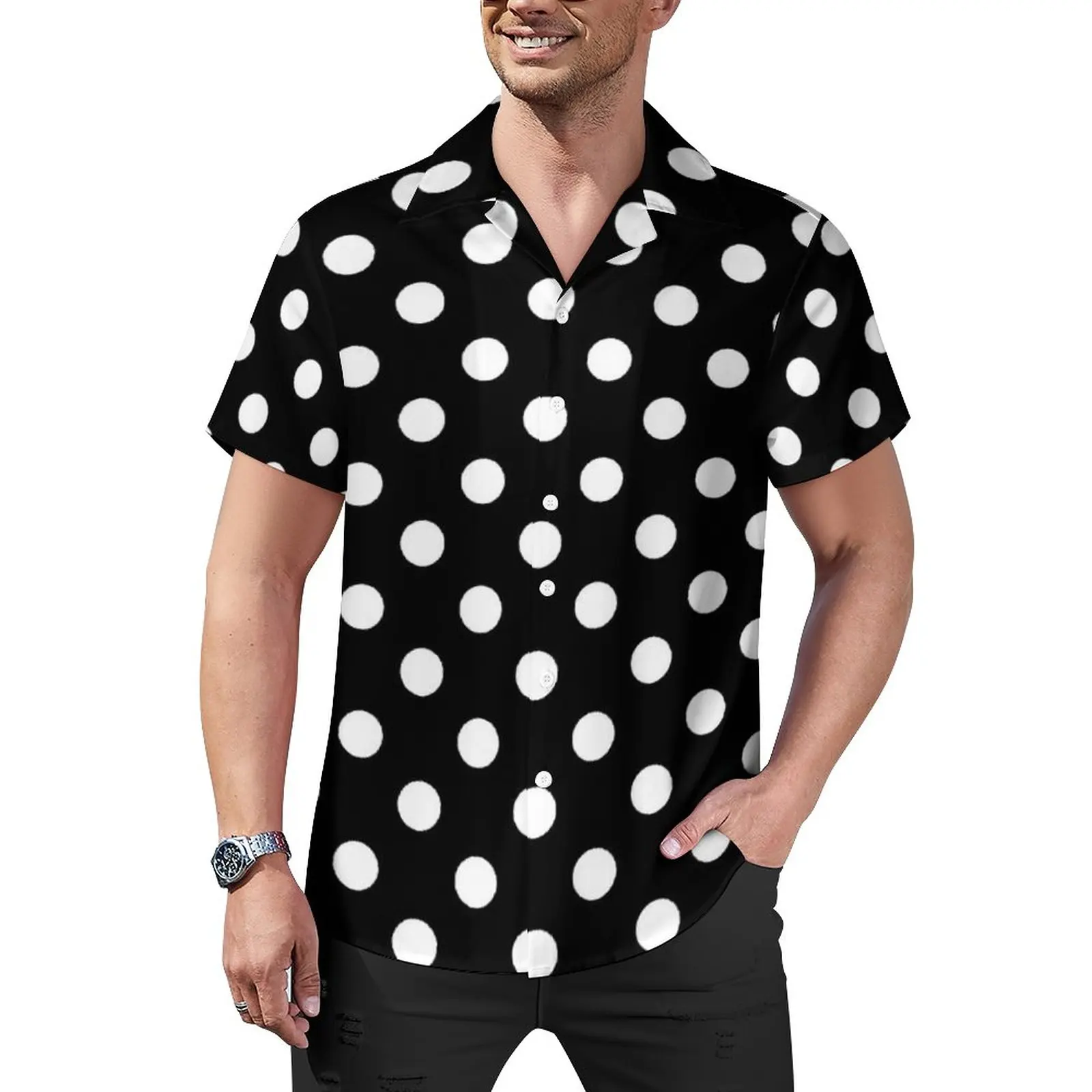 

Black And White Polka Dot Print Casual Shirts Trendy Modern Art Beach Shirt Summer Novelty Blouses Men Graphic Big Size 3XL 4XL