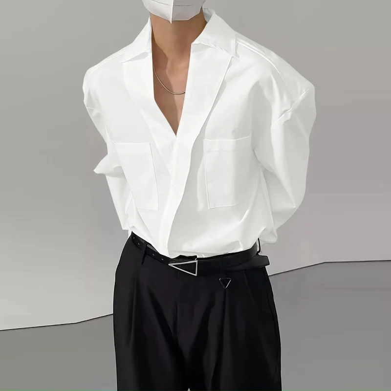 

INCERUN Мужская рубашка с однотонными лацканами и длинными рукавами, свободная повседневная мужская одежда, уличная одежда в корейском стиле с карманами, модные топы, мужские рубашки