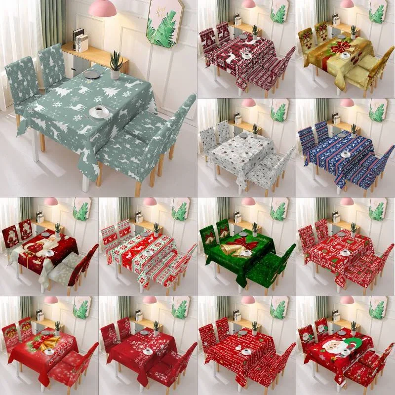 

Christmas Table Cloth with 4 Dining Chair Slipcovers Waterproof Dining Room Tablecloth Seat Slipcover for Party Decorations