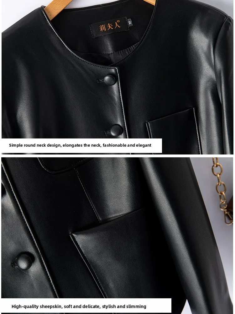 سترة نسائية قصيرة عصرية من الجلد الطبيعي برقبة دائرية وزر واحد من جلد الغنم للدراجات النارية معطف أنيق للتخسيس