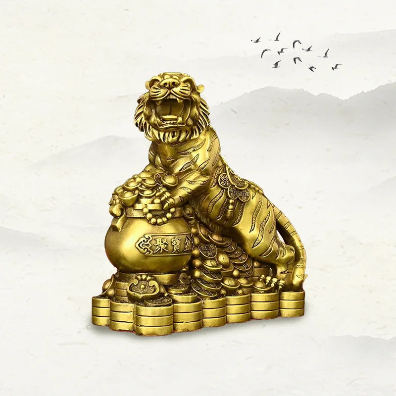 Copper Ornaments, Treasure Bowl, Figurine For Home Or Office, Decorative Crafts, Wealth-Attracting Brass Tiger Sculpture