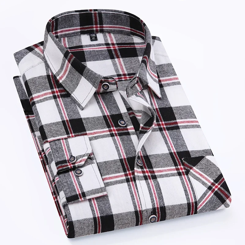New in Shirt Plus Size 14XL 100% Cotton Brushed Long-Sleeve Shirts for Men Slim Fit Plain Casual Shirt Plaid Soft Elegant Clothe