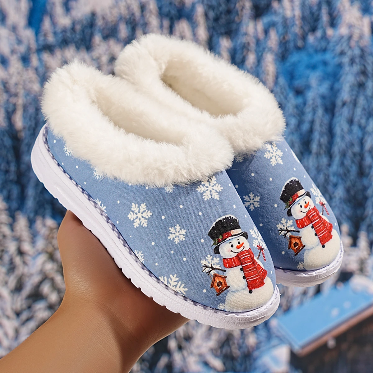

Детские тапочки с рисунком снеговика, легкие противоскользящие толстые теплые домашние меховые тапочки, рождественский дизайн, детская уютная домашняя обувь