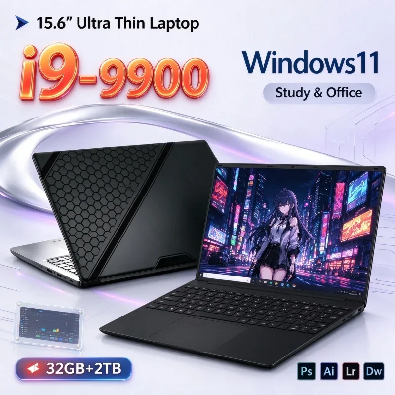 15.6'' Inch FHD Ultra Slim Notebook PC Windows 11 Intel I9-9900 32GB RAM 1TB/2TB SSD Portable Laptop For Office Student Gaming