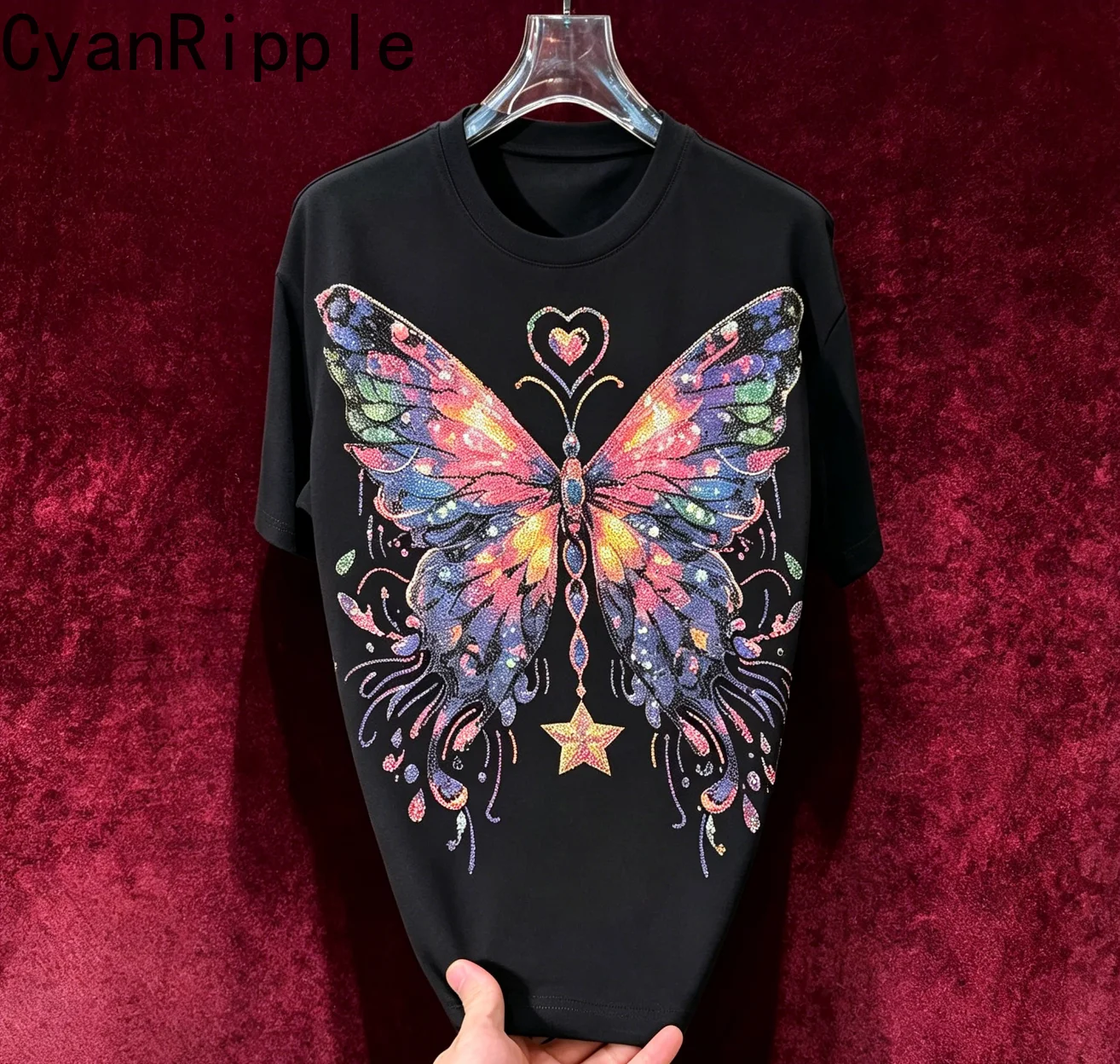 

Streetwear Large Size Male T-shirt New Spring Summer Luxury Colorful Butterfly Hot Diamond All-match Round Neck Short Sleeve Top
