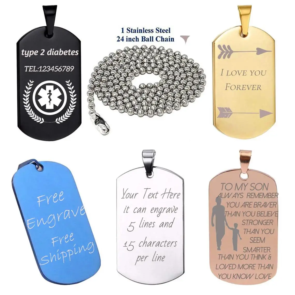 Personalized Military Dog Tags Custom name ID Tag Necklace Engraving Stainless Steel Plain Dog Tag Pendant Necklace 1.8mm Thick