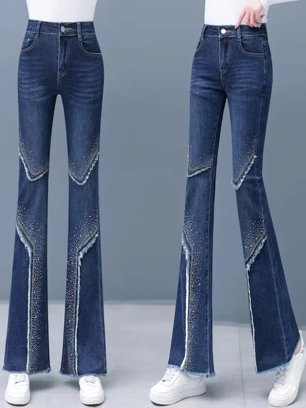 High Waist Bell Bottom Jeans Women's Spring Summer 2026 New Style Diamond Embellished Slimming Versatile  Hoof Pants