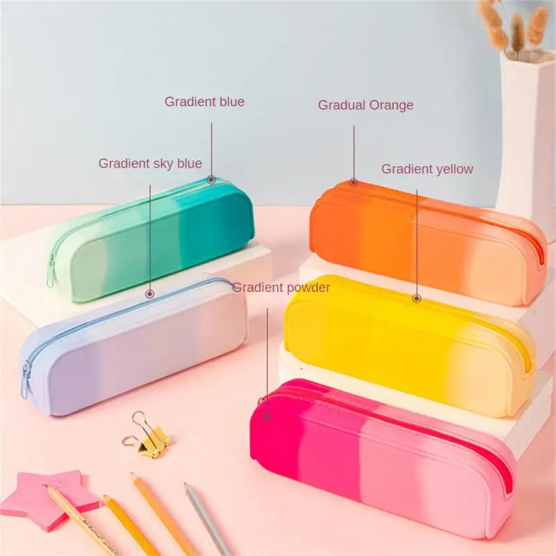 New Creative Gradient Color Pencil Case Kawaii Large Capacity Silicone Pen Bag Student Stationery Bag Storage Bag School Supply