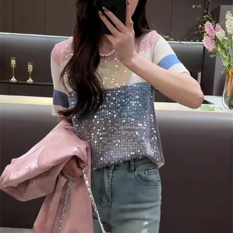 Spring Womens Striped Sequin Short Sleeved Knitted Shirt Pullover