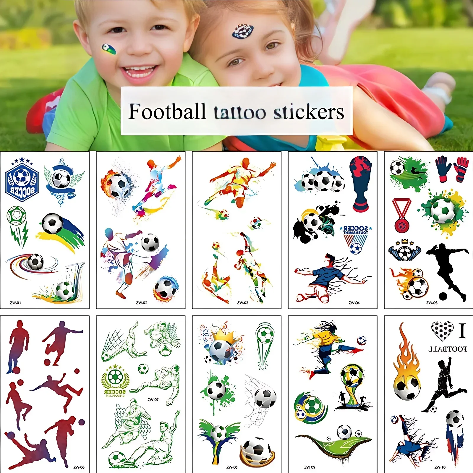 10pcs/set Children Fake Tattoo Football Soccer Sports Game Waterproof Tattoo Sticker for Kids Little Girls Decor Hand Chest Arm