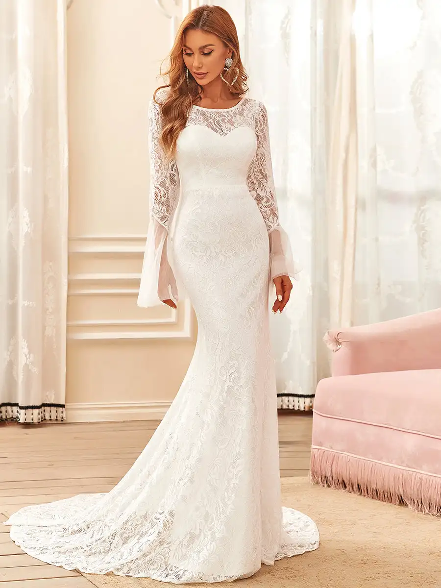 

BAZIIINGAAA Round Neck Long Pagoda Sleeves Wedding Dresses