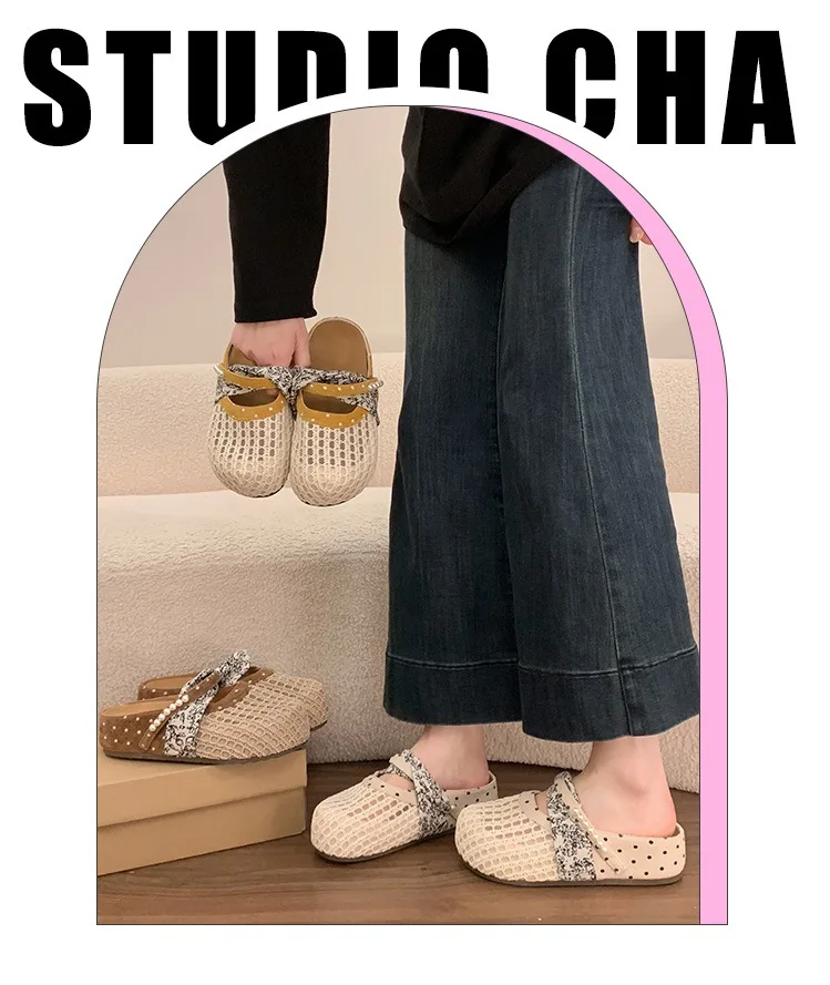 Atmungsaktive Mesh-Halbpantoffeln für Damen, Französische Polka-Dot-Perlen-Slip-On-Slides, Weiche Sohle, Geschlossene Zehenpartie, Geeignet für Breite Füße – Detail 2