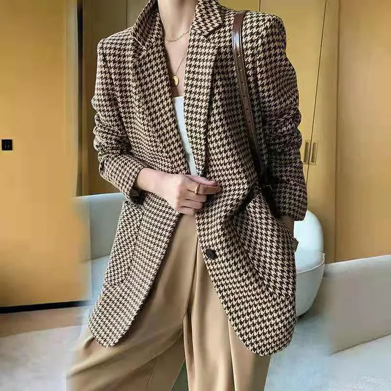 

Korean Vintage Coats Women Plaid Houndstooth Blazer Elegant Spring Autumn Office Lady Belt Oversize Chic Jacket Outerwear A269