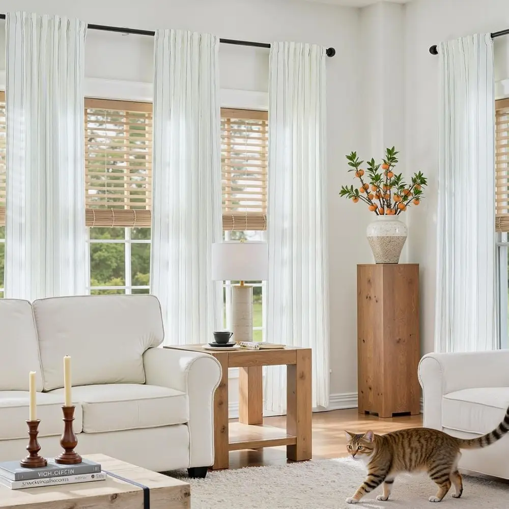 ستائر مخططة باللون الأخضر على طراز الكتان الحديث، 96 طولًا، لغرفة المعيشة وغرفة النوم، ترشيح الخصوصية والضوء، علامة تبويب خلفية، لوحتين Se