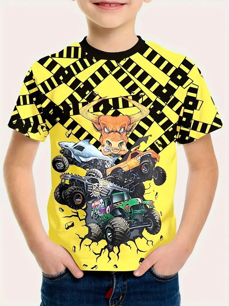 

Latest Summer Kids' Outdoor Sports T-Shirt with 3D Bull Monster Truck and Racing Car Print – Comfortable Everyday Top.
