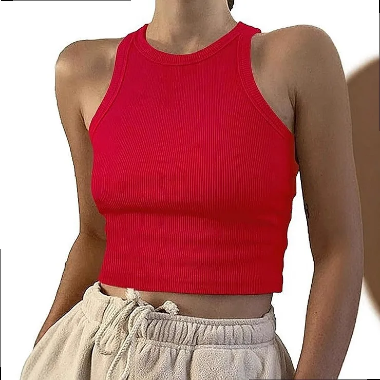 Spring Summer Short Sleeveless Tee Tops Solid Color Ribbed Vest Undershirt Women's Casual Inner Wear