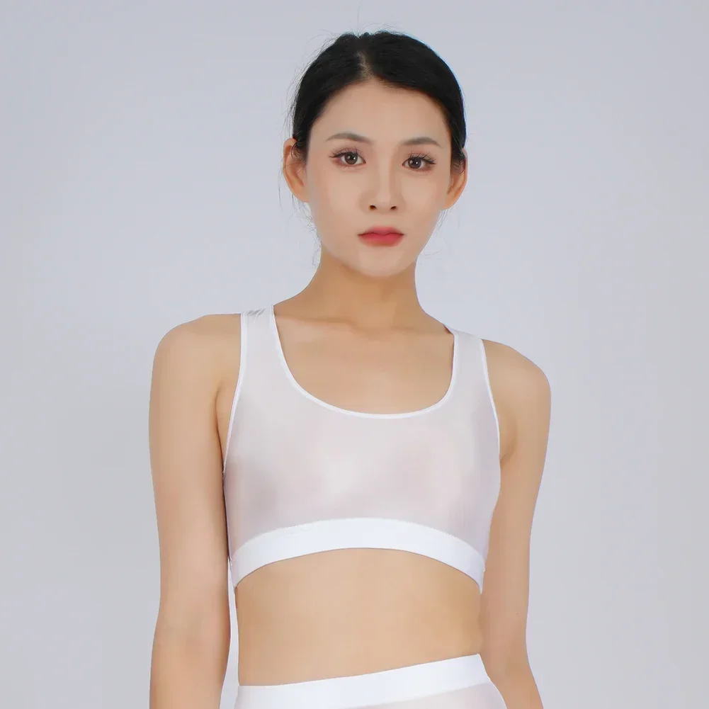 

Sexy Lingerie Men Women Vest Bra Oily Glass Silky Gym Yoga Sport Solid Color
