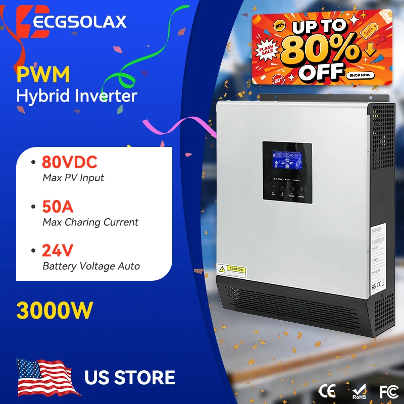 ECGSOLAX 3KW Hybrid Solar Inverter 24V to 110V 120V 2400W Pure Sine Wave Inverter With PWM 50A Charging Controller Max PV 80VDC