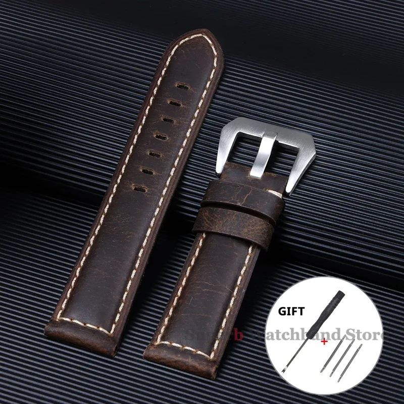 

High Quality Cowhide Leather Bracelet 20 22 24 26mm Men Watch Strap Retro Leather Band for Panerai Crazy Horse Sport Bracelet
