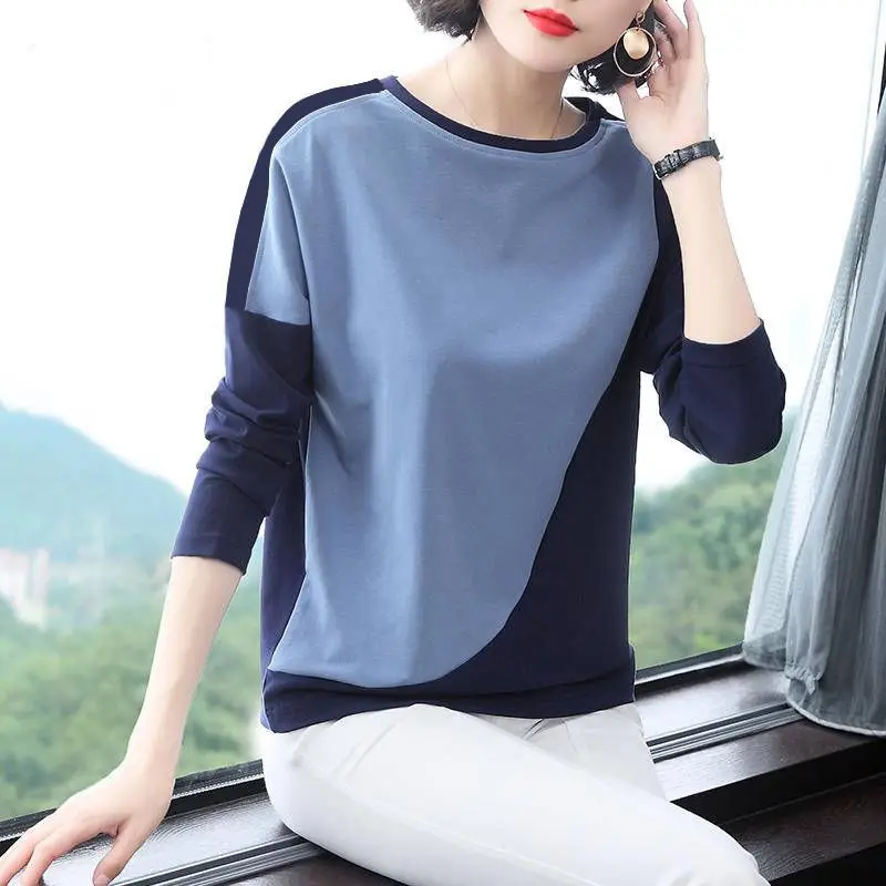 Casual Contrast Patchwork Top T Shirt Spring Autumn O-Neck Long Sleeve All-match Loose Pullovers Vintage Fashion Women Clothing