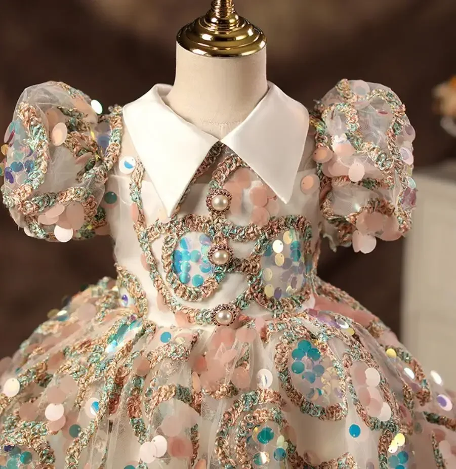 High-End Sequins Beaded Spanish Turkish Court Vintage Princess Ball Gown Baby Girls 1st Birthday Baptism Party Dresses y484