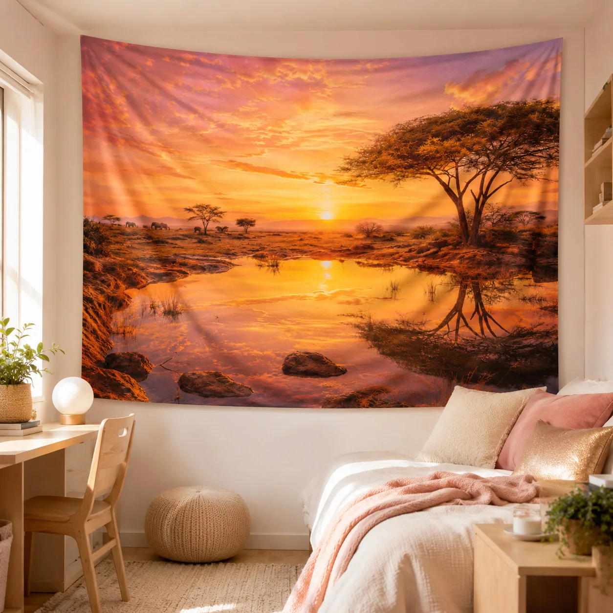 African Sunset Savanna Tapestry Acacia Tree Lake Landscape Wall Hanging Nature Wall Decor for Bedroom Living Room Dorm
