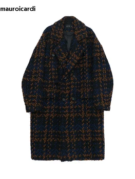 Men's Long Plaid Wool Double-Breasted Coat 5 Mauroicardi Autumn Winter Long Loose Stylish Cool Thick Warm Plaid Tweed Woolen Coat Men Double Breasted European Fashion 2023 5