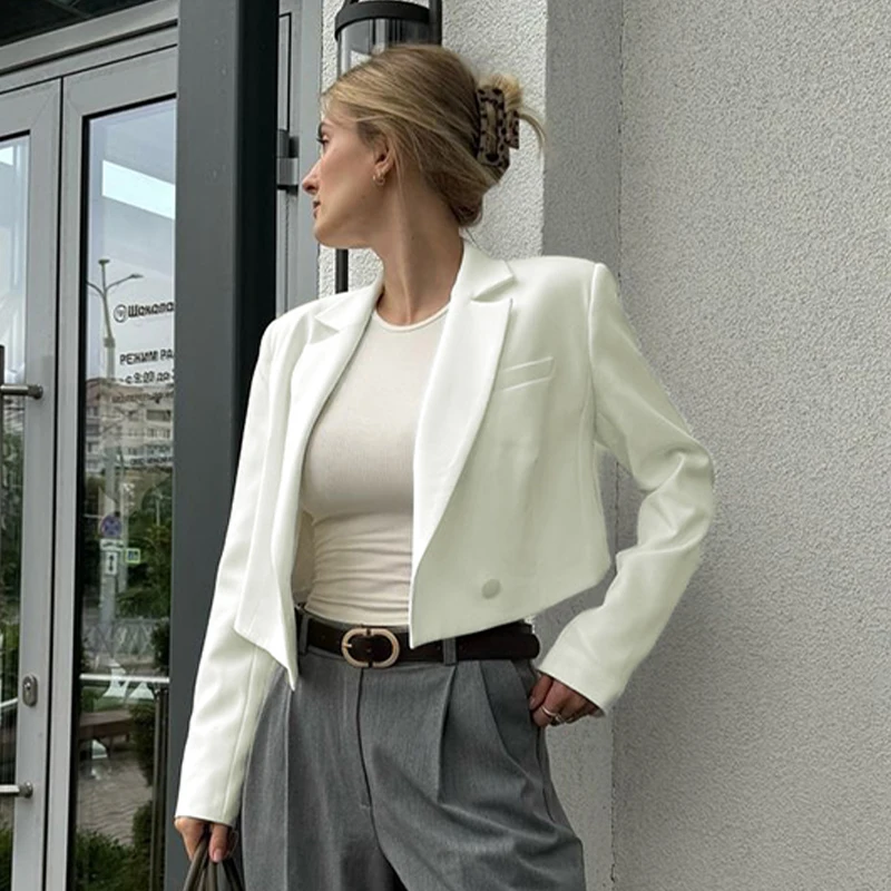 Autumn New Women's Blazer Solid Fashion Long Sleeve Sexy Open Front Office Jacket Short Female Coat Crop Top Outerwear Clothing