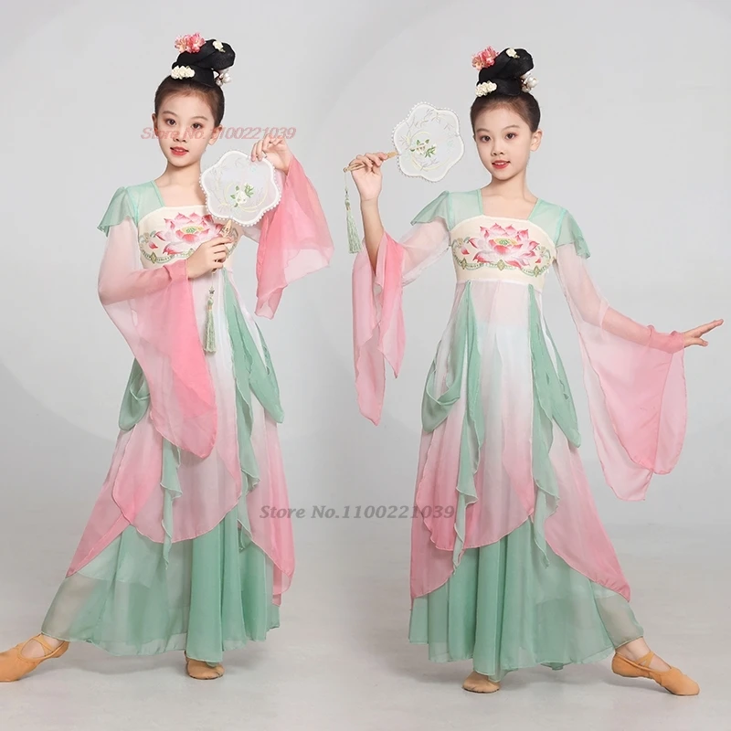 

2026 китайский детский винтажный танцевальный костюм градиентного цвета с цветочным принтом, топы и штаны ханьфу, комплект, шифоновое платье для выступления на сцене