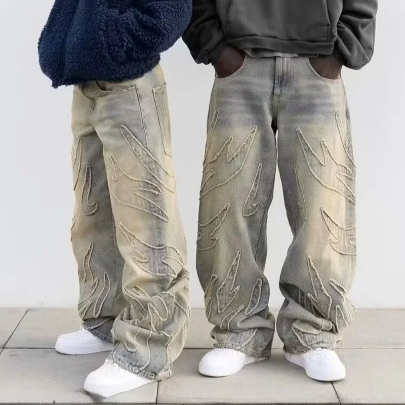 2025 Y2k Hip Hop pantalones vaqueros holgados moda urbana para hombres pantalones vaqueros bordados con borde crudo calle gótica Retro pantalones de pierna ancha de cintura alta