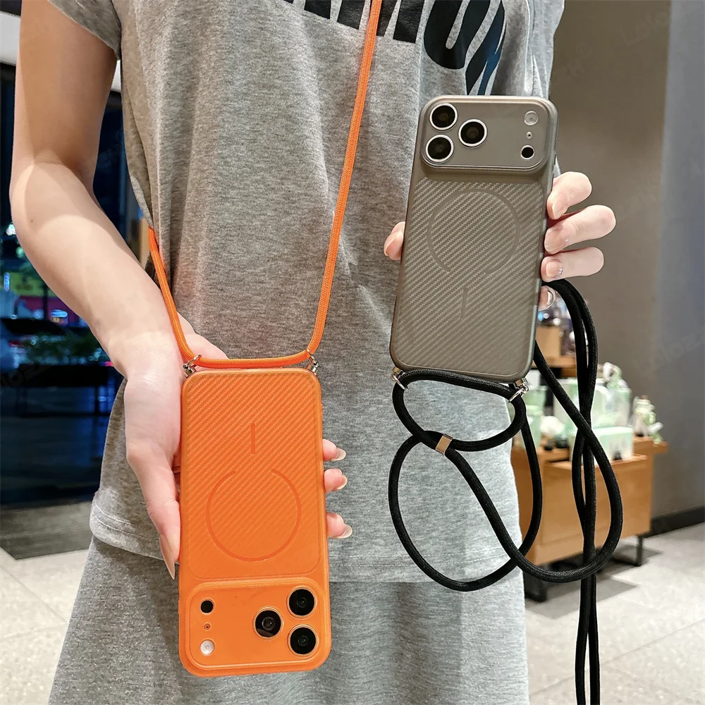 Crossbody Lanyard Carbonfaser-Muster Weiche TPU Handyhülle für iPhone 17 Pro Max 16 15 14 Plus 13 12 11 Air für MagSafe Cover