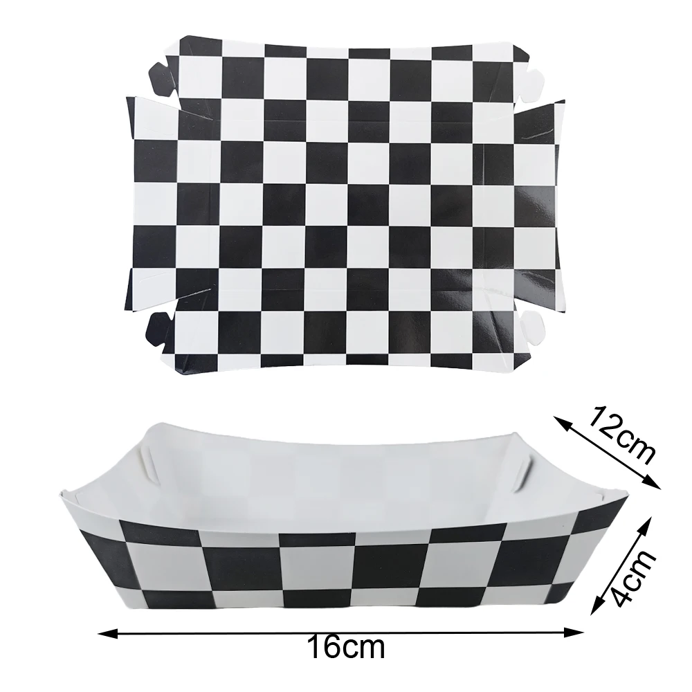 6-60Pcs Checkered Paper Food Trays Racing Party Food Boat Black and White Popcorn Trays Race Car Theme Birthday Party Supplies