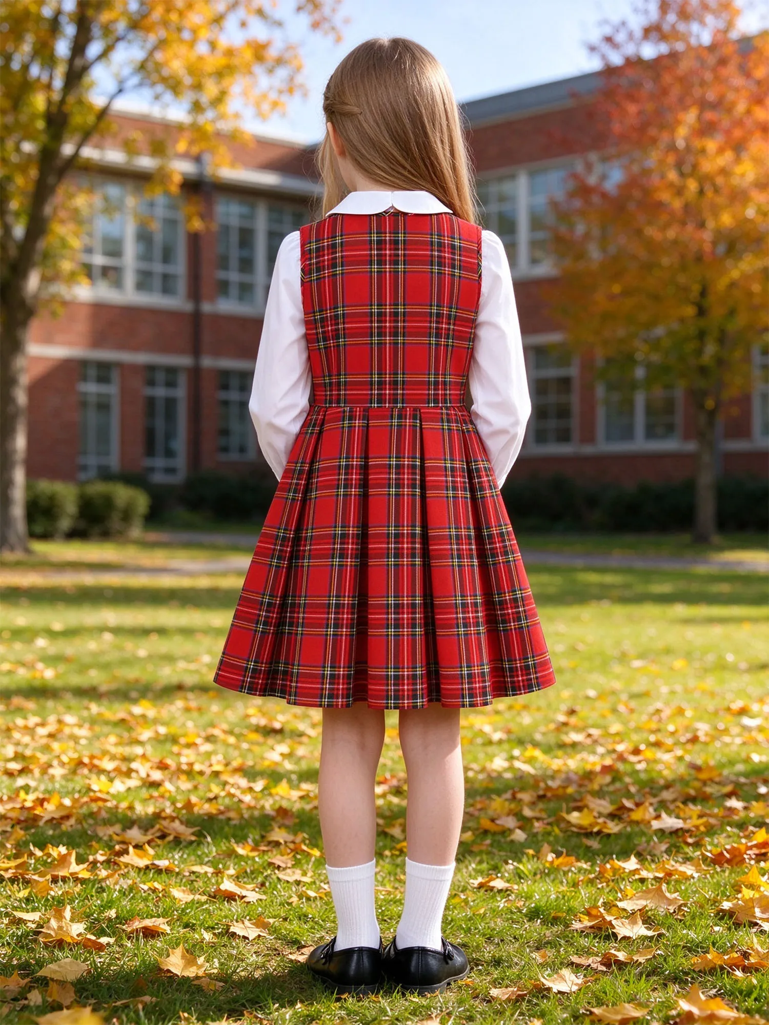 Kid Girls Plaid Print Jumper School Uniform Dress Sleeveless Side Zipper Buckles Pleated Dress for School Recitation Performance