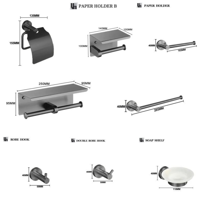 Grey Bathroom Hardware Set Accessories Kit Stainless Steel Round Wall Rack Hand Bar Toilet Roll Paper Holder Robe Towel Hook