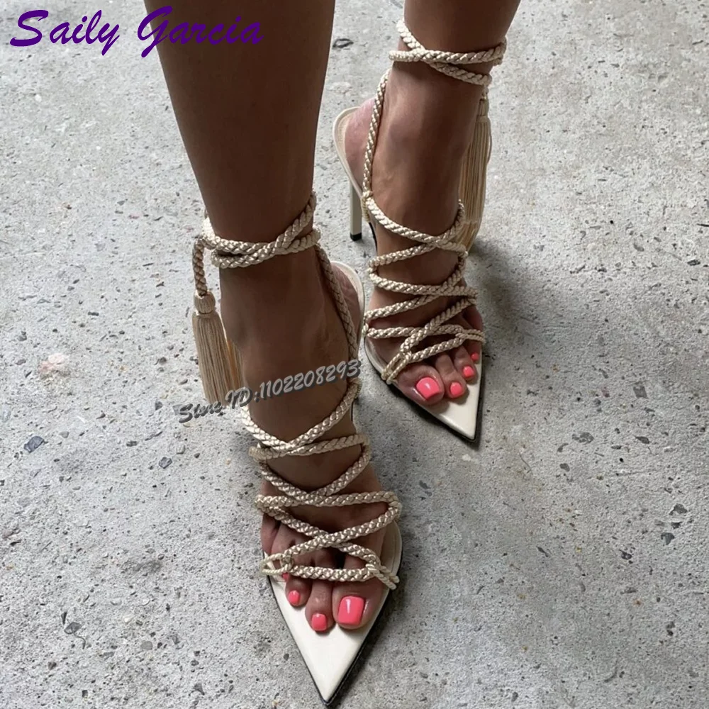 

Apricot Hemp Rope Stiletto Sandals Sexy Pointed Toe Cross Strap High Heels 2025 Summer Women New Fashion Lace-up Daily Shoes