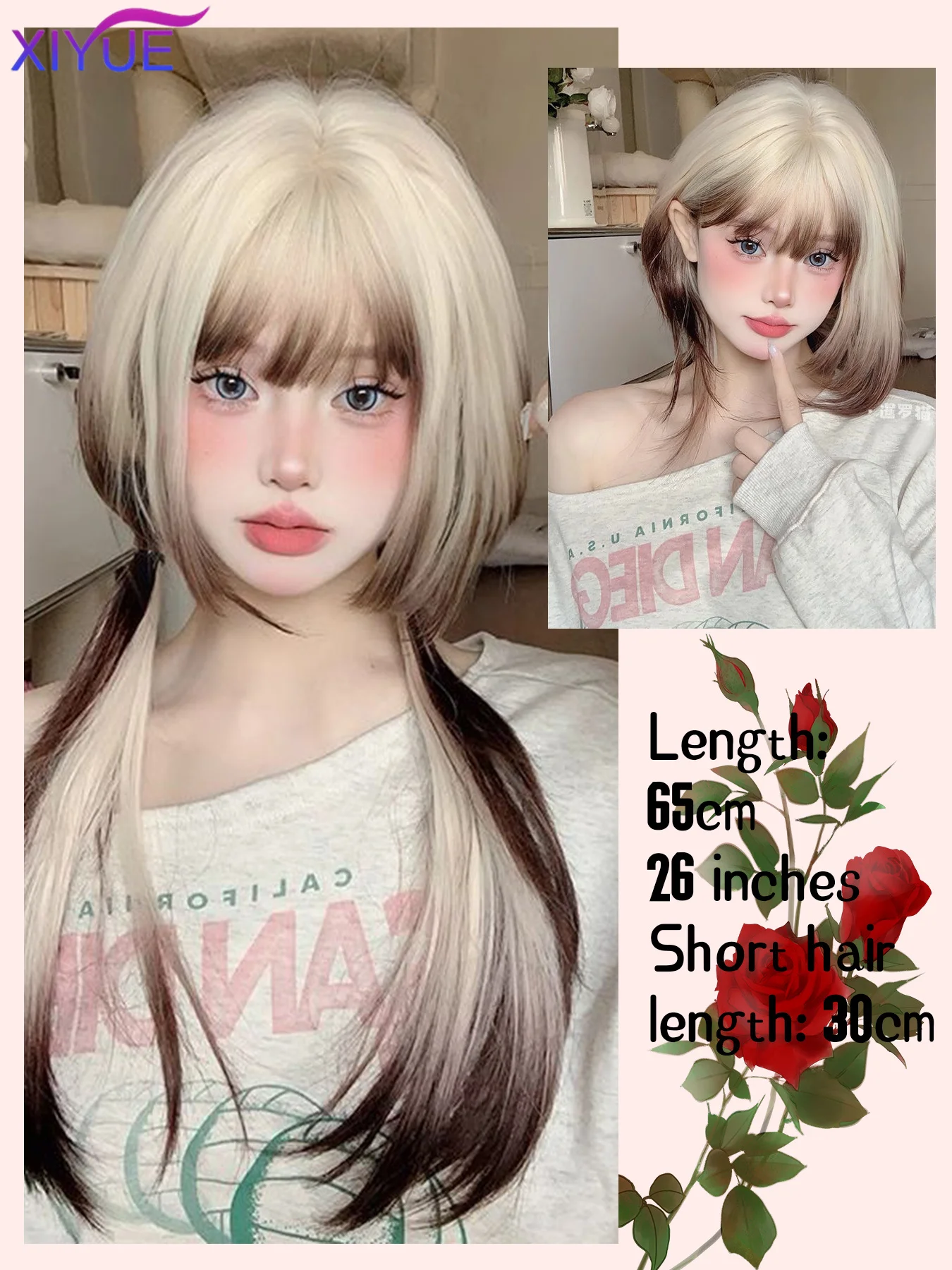 Synthetic Long Layered Ombre Beige Brown Hime cut Wig with Bangs Jellyfish head Fluffy Women Lolita Cosplay Wig for Daily Party