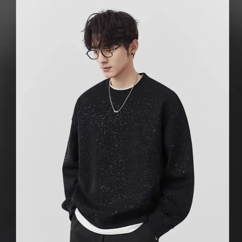 

Korean Fashion Autumn Winter Sweatshirts Men O-Neck Solid Sequined Trend High Street Minimalism Long Sleeve Loose Pullovers Top