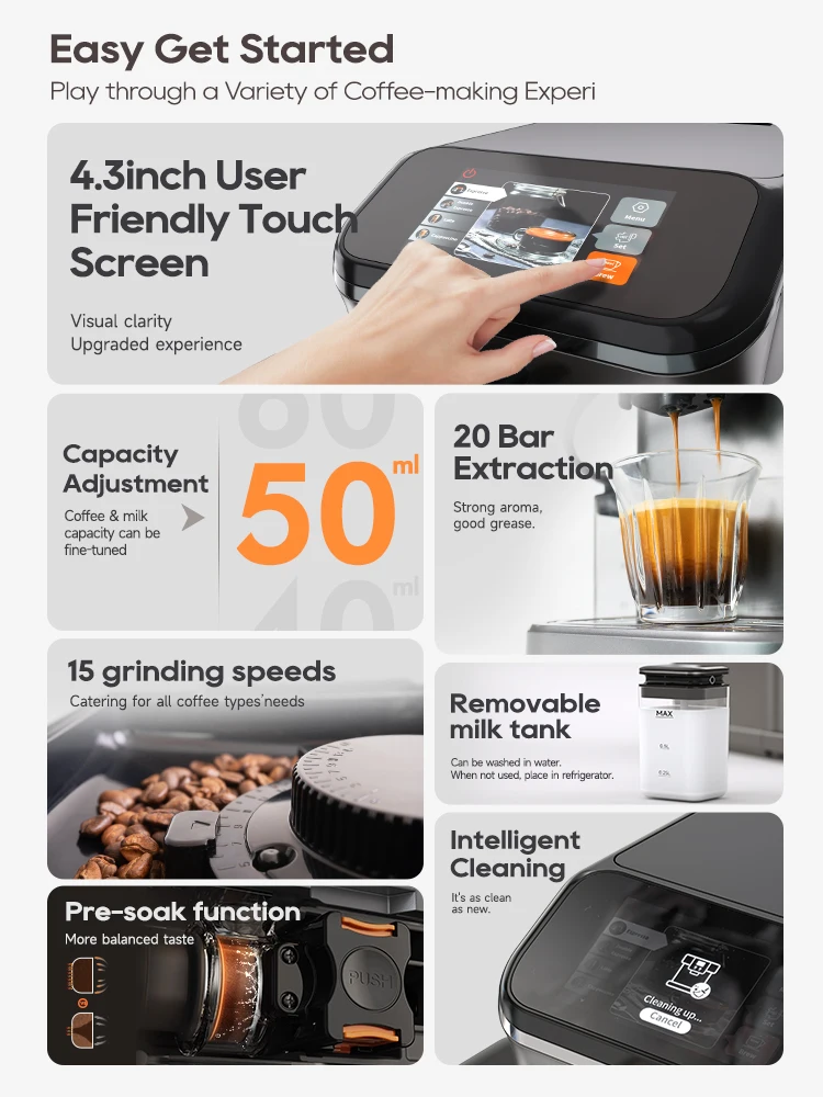 HiBREW Fully Automatic Espresso Machine Cappuccino Milk System 6 Coffee Varieties Intuitive Touch Display With Grinder H16