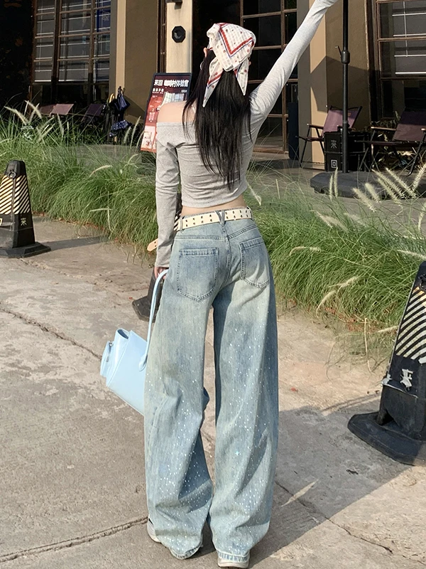 

Retro Loose Fit Denim Jeans Women's High Street Design Rhinestone Embellished Wide Leg Pants 3D Effect Cotton Polyester Blend